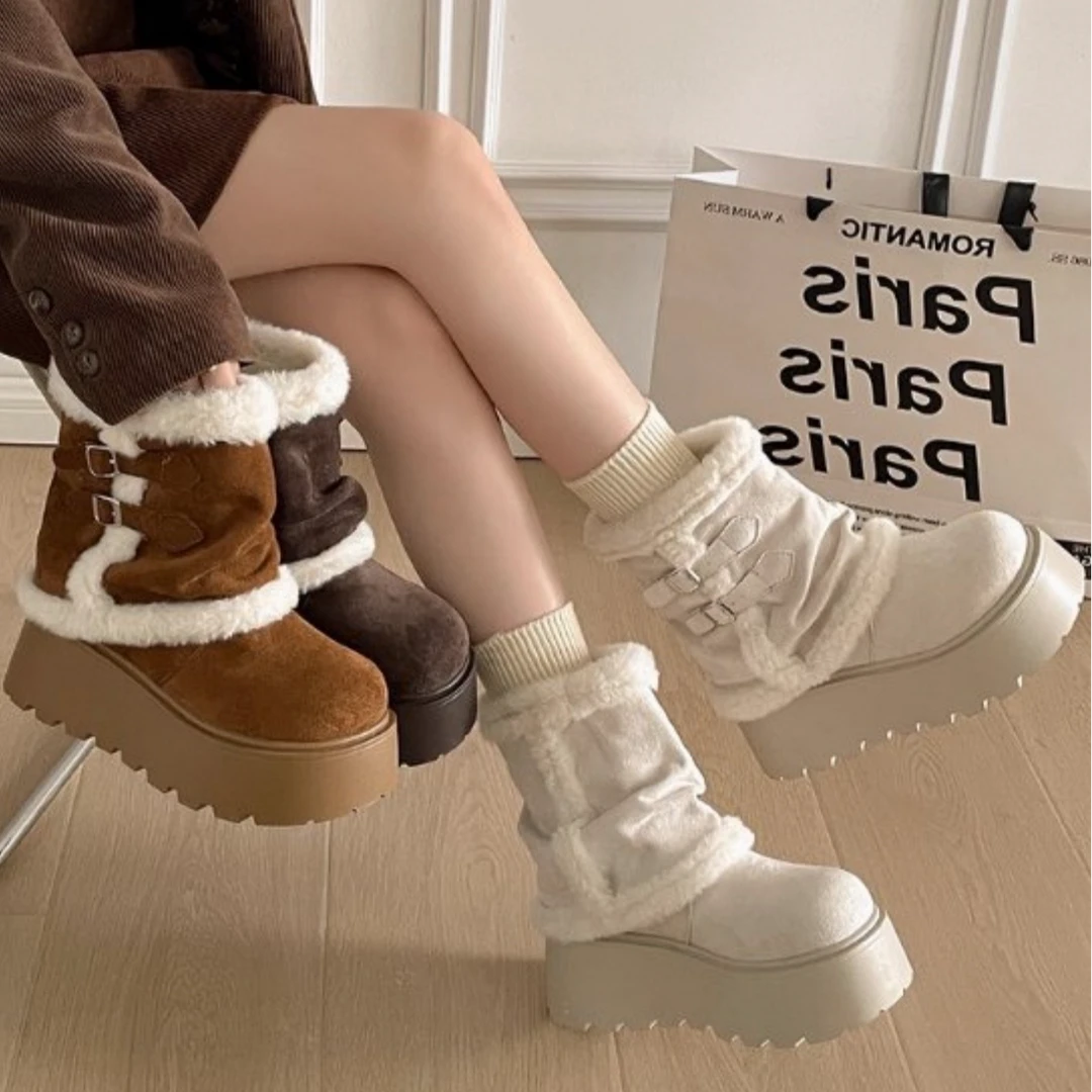 南在南方复古白色厚底雪地靴女2025新款冬季保暖外穿加绒东北棉鞋