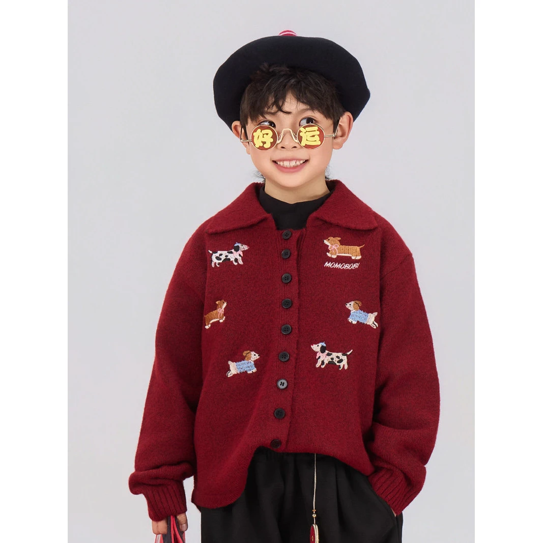 momobobi自制新年款毛衣韩版个性卡通刺绣上衣百搭红色翻领针织衫