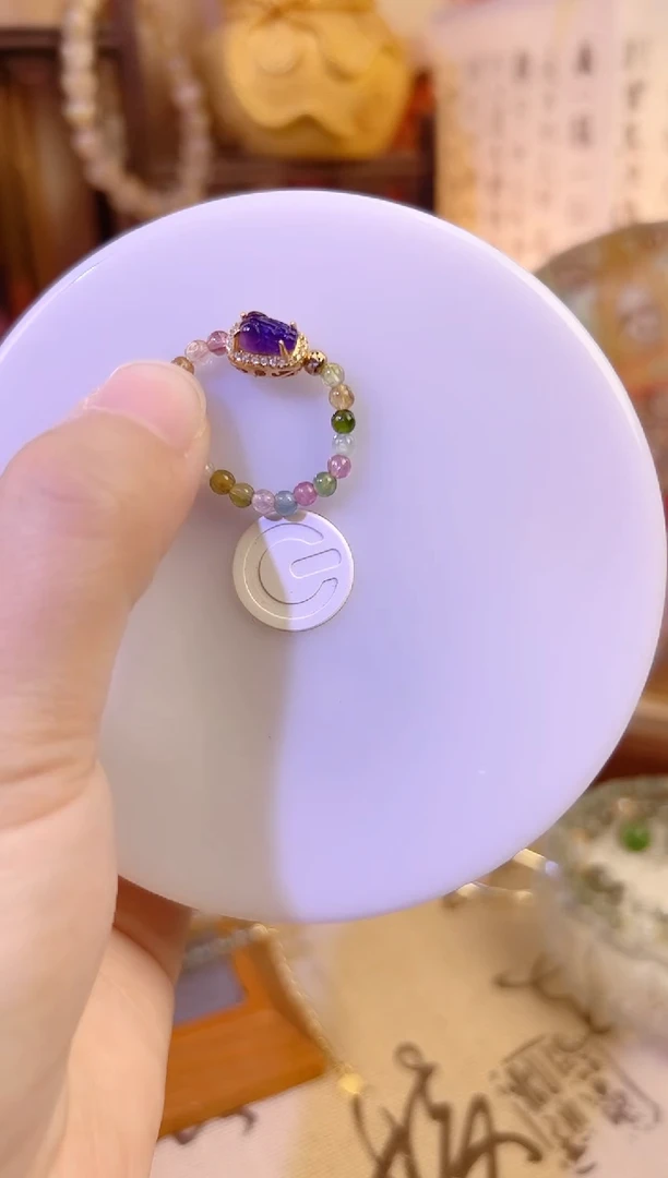 银S925镶嵌戒指碧玺碧玺紫水晶貔貅戒指