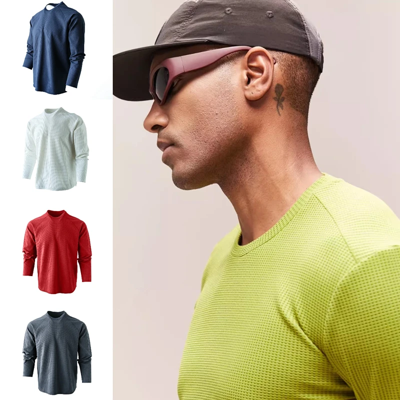 重磅260克华夫格2025年秋冬男士肌理透气运动休闲百搭运动长袖T恤