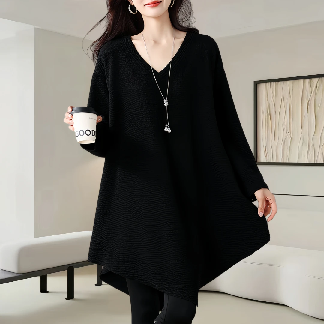 2025秋冬新款女大码V领中长款长袖T恤不规则设计感拼接休闲上衣