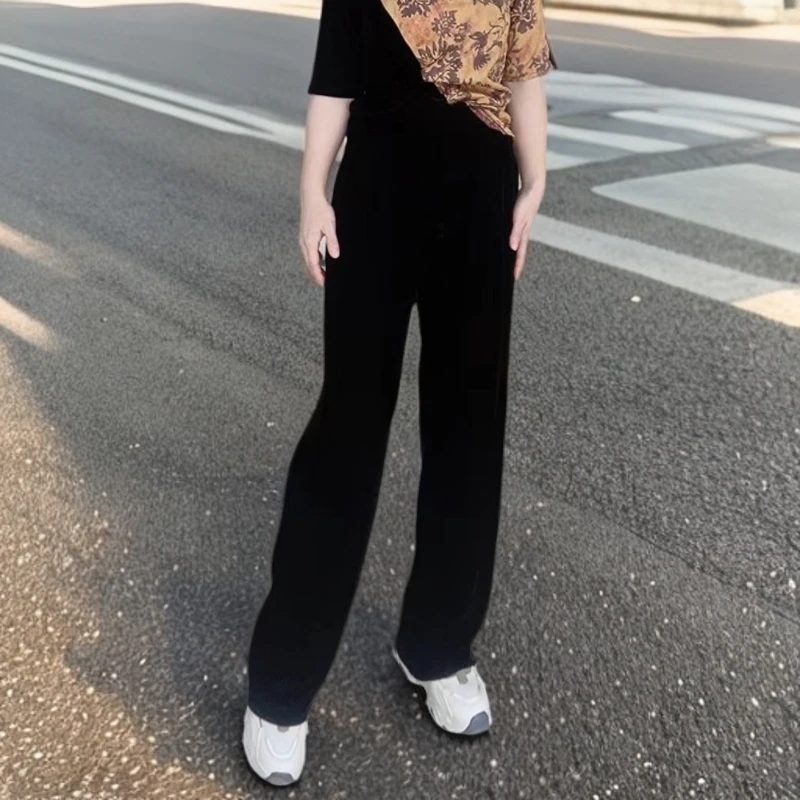 夏季直筒阔腿裤女士丝绒显瘦气质网红时尚休闲百搭黑色高腰宽松
