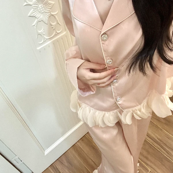 【DSYJ大睡衣家】法式花边缎面冰丝睡衣女早秋2025年新款家居服套装