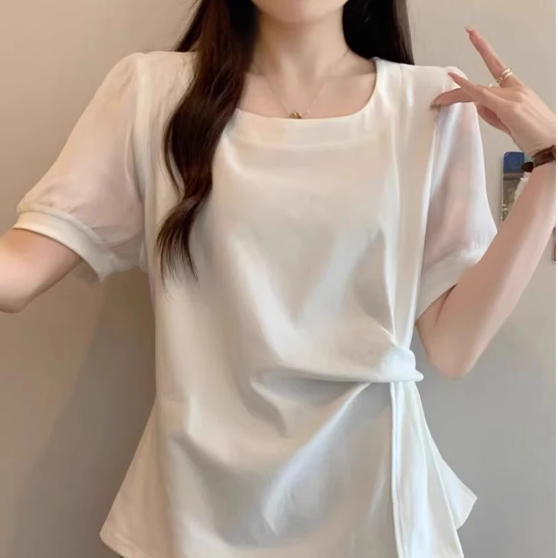 设计感收腰开叉短袖T恤女正肩方领上衣夏季微胖大码遮肚子打底衫