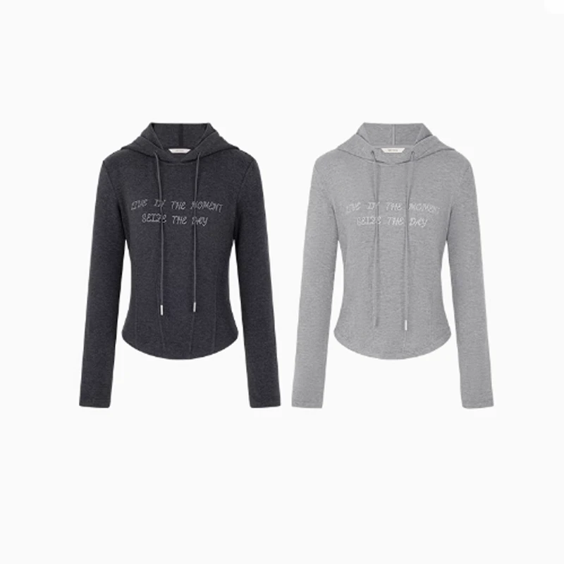 小辣辣连帽T恤 甜心辣妹~烫钻字母显瘦短款长袖上衣