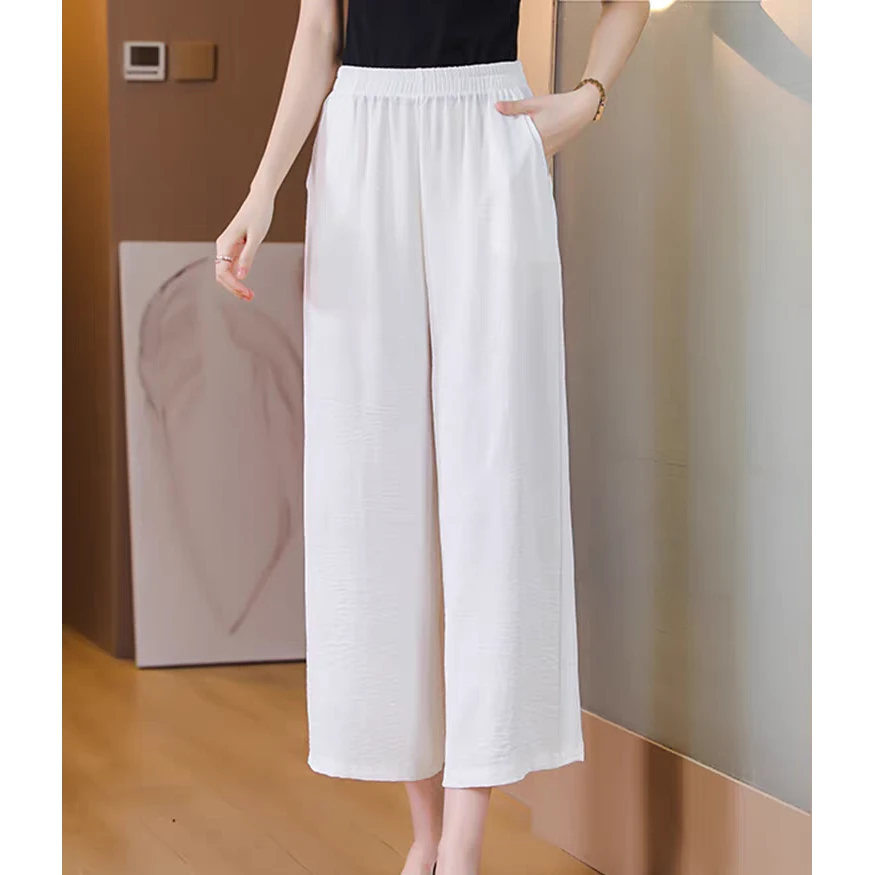 夏季薄款休闲裤白色阔腿裤宽松miu系大小姐大码气质松紧腰高腰
