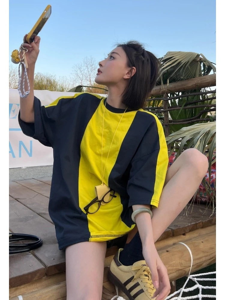 欧货爆款洋气减龄高级感上衣设计感小众多巴胺撞色短袖T恤女夏季