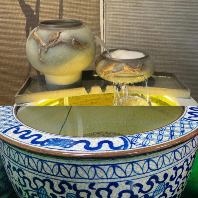 高端大气青花手绘冰裂缸+瀑布流水造景+水草+灯带造景