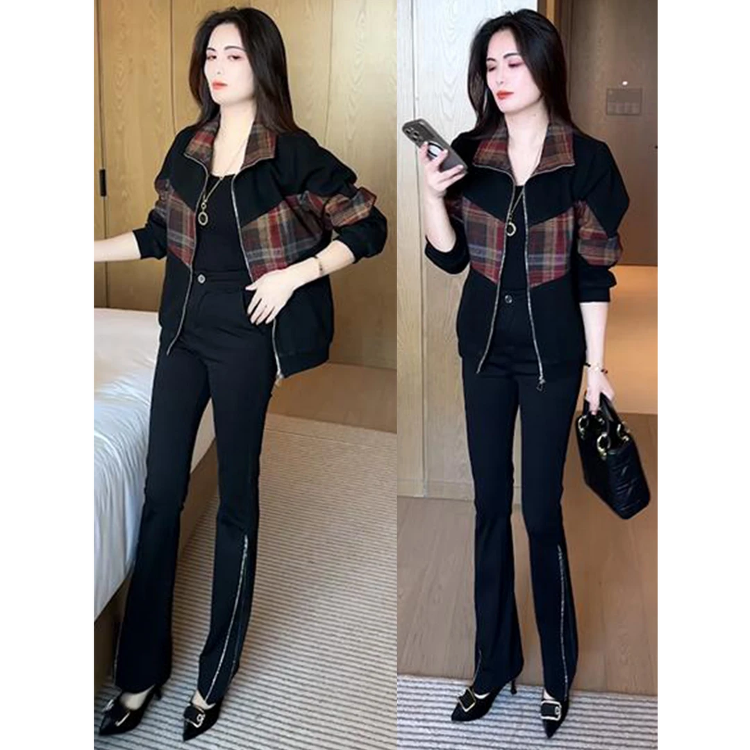 时尚洋气格纹拼接外套女士春秋新款休闲韩版宽松百搭开衫夹克上衣