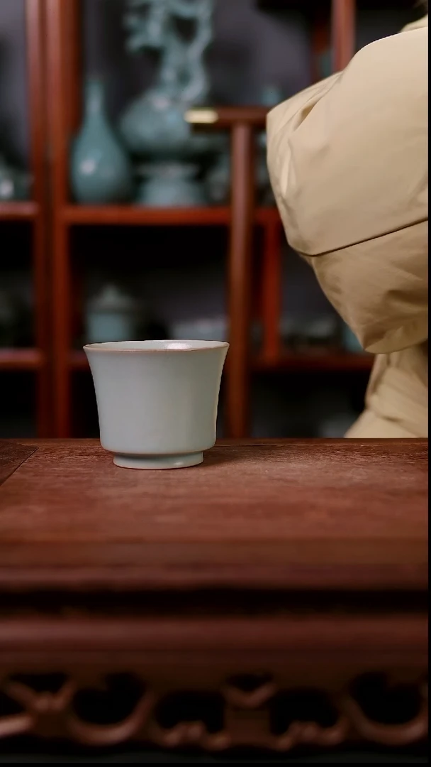 杯子陶青霁汝窑仿古釉   马蹄杯微瑕