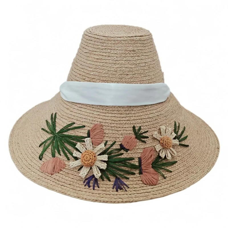 纯手工拉菲草刺绣草帽出游大檐沙滩帽防紫外线遮阳渔夫帽