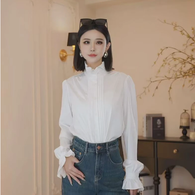 高级感设计师款气质木耳边衬衣宫廷风立领白色时尚简约百搭系衬衫