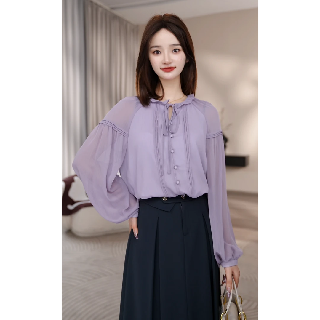 【曼贝】轻奢定制款长袖衬衫女时尚气质风设计感百搭8493285【佳莹】