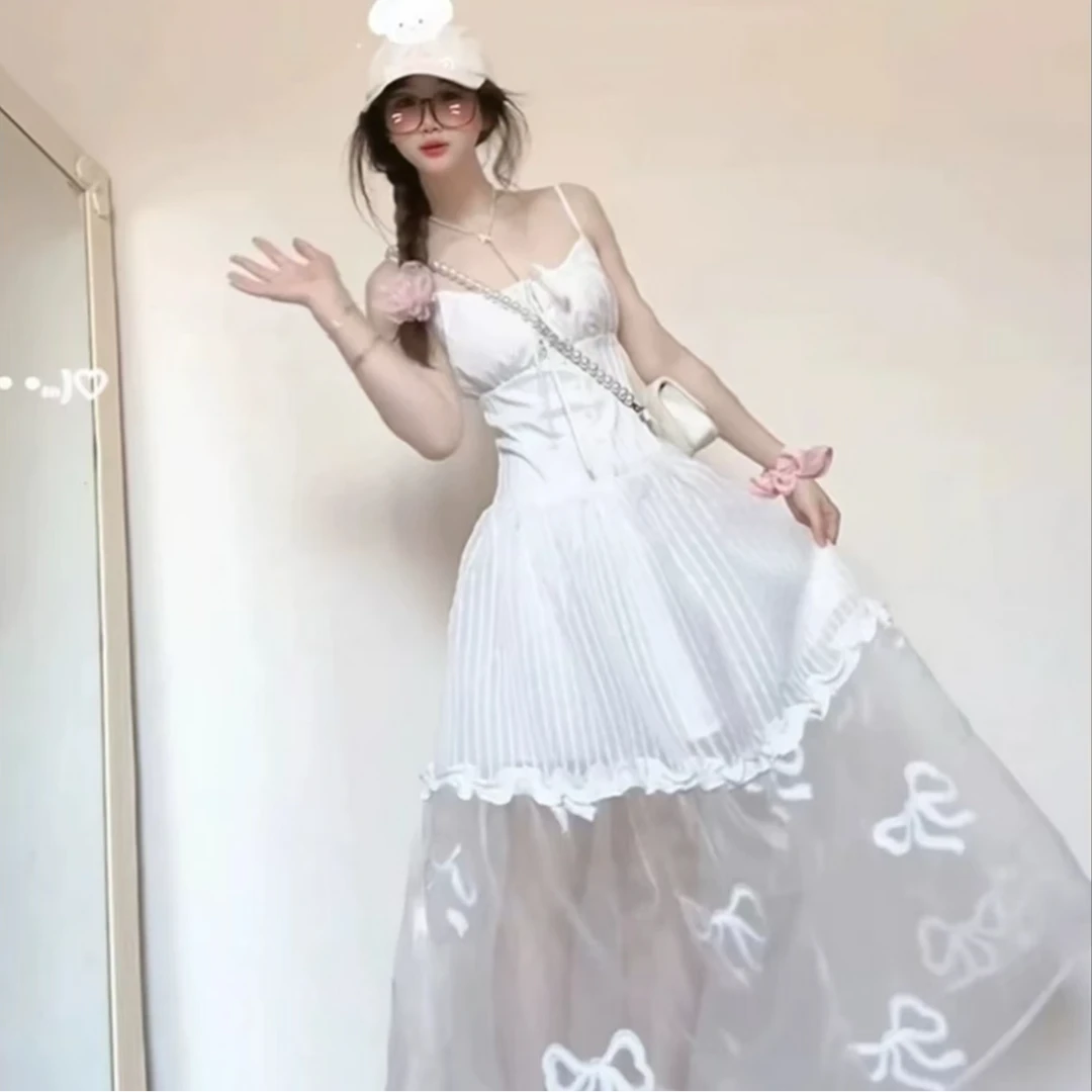 法式甜美超仙绝美白色吊带连衣裙女收腰显瘦气质A字裙-1141
