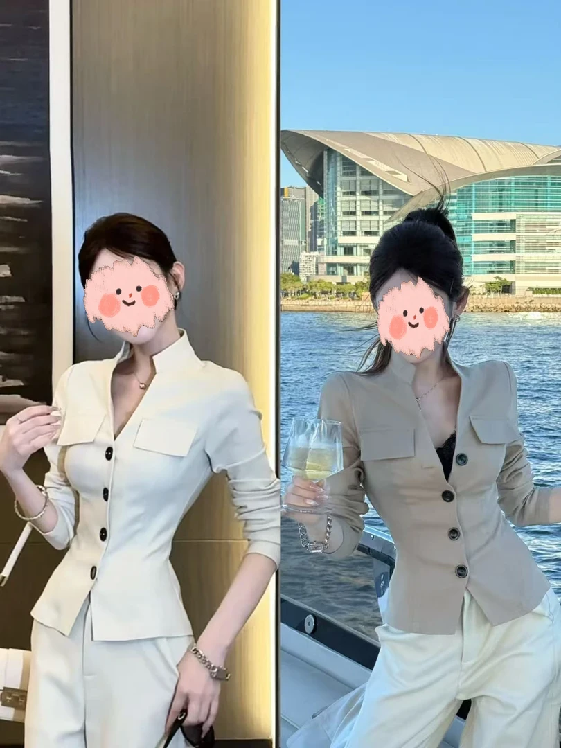 粉红PINK丨“气质C位”时尚早秋双口袋撞色纽扣上衣外套+裤子