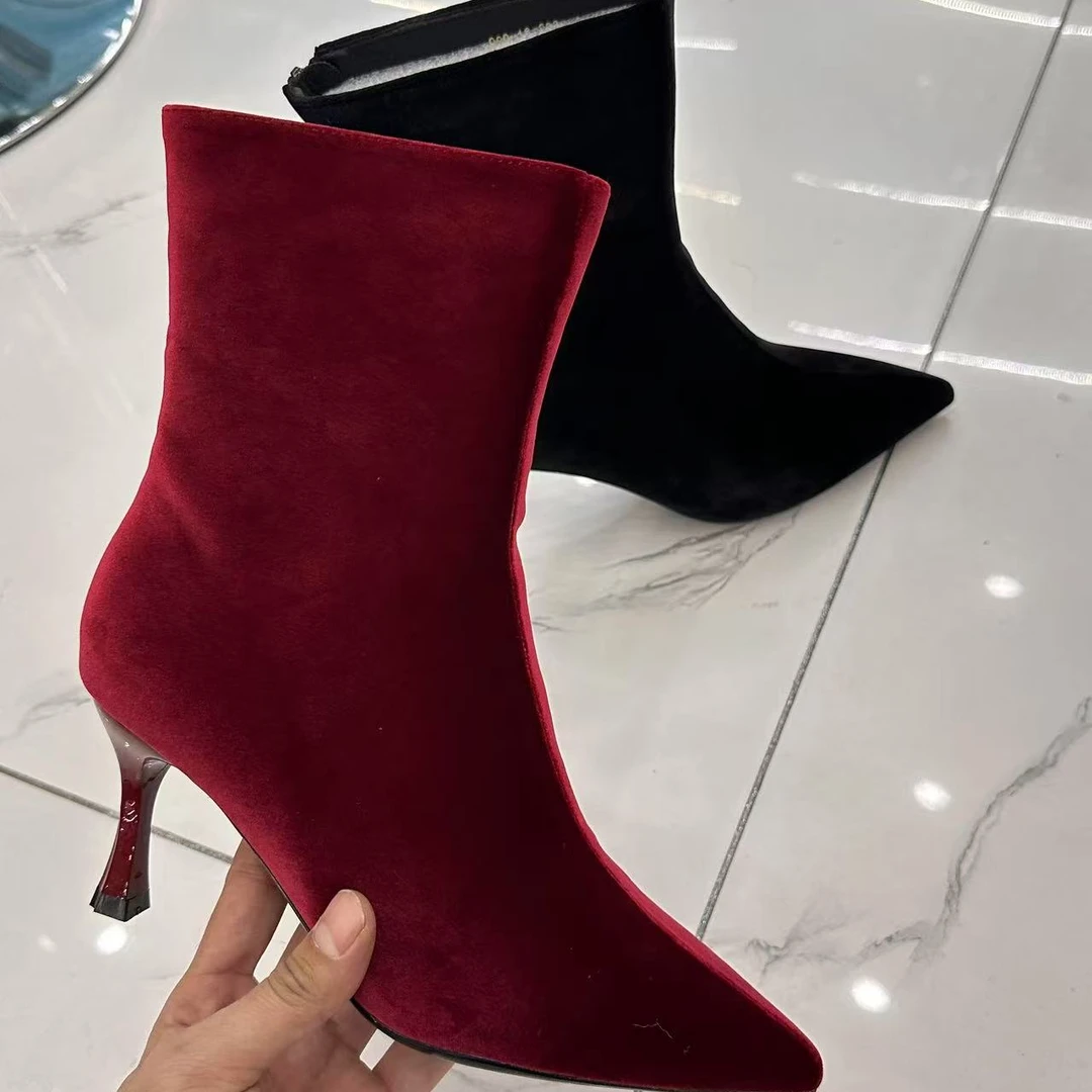 高跟鞋尖头短靴女中筒2024秋冬袜子靴细跟弹力瘦瘦靴网红春秋单靴