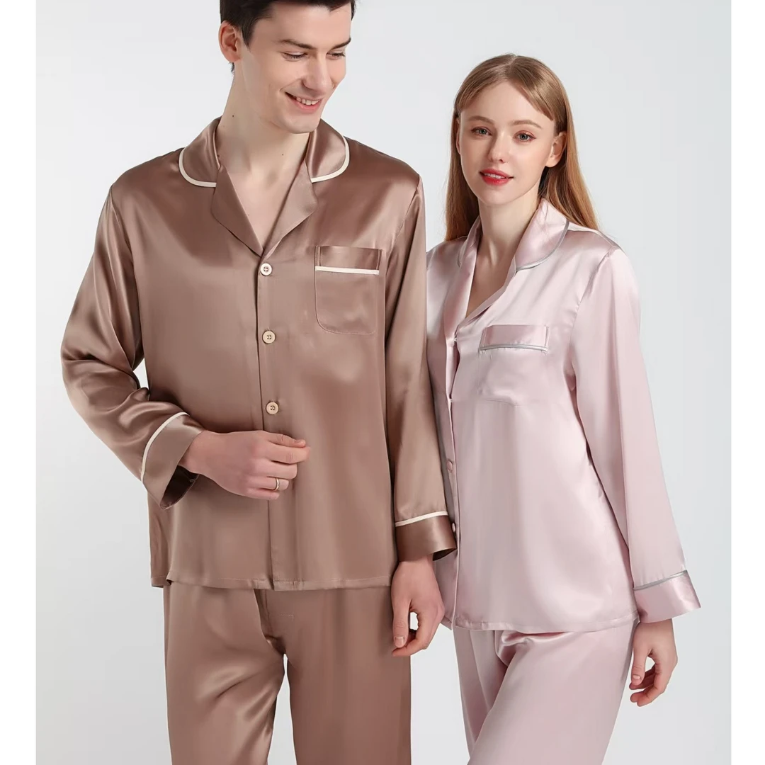 纯色100%桑蚕丝睡衣真丝套装春秋长袖两件情侣装真丝家居服新款