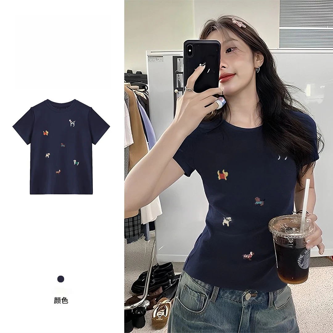 纯棉夏季新款复古显瘦穿搭短袖女t恤卡通小狗印花设计感