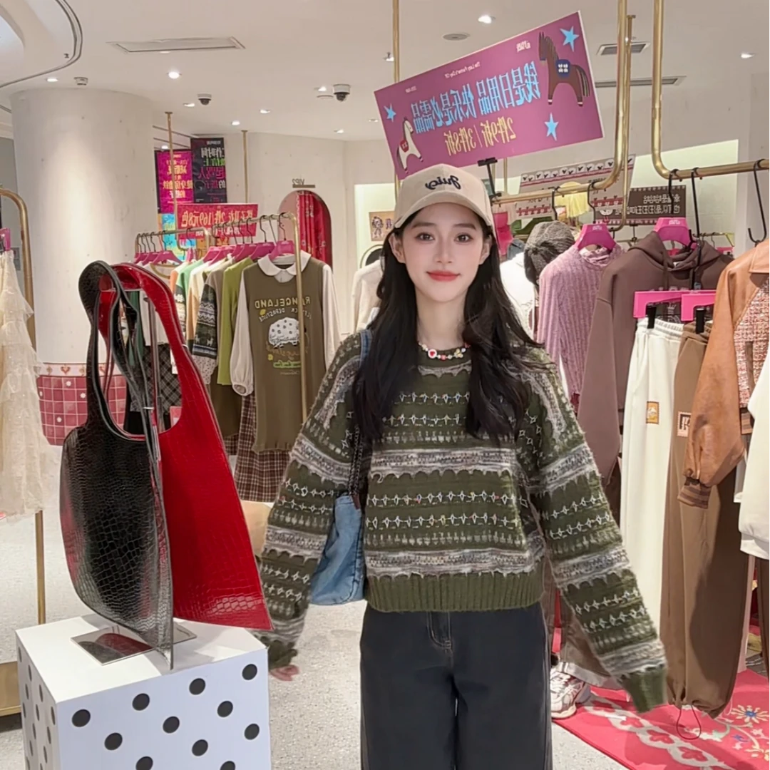 妖精的口袋摩登彩点绿彩砂毛衣女2025秋韩版时尚25402112
