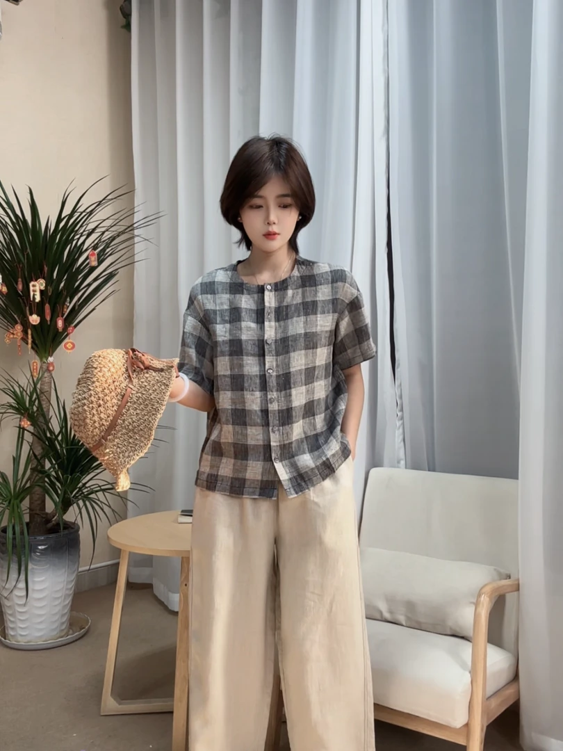 【知遇】2025夏汉麻色织格子半袖衬衫舒适百搭薄款圆领宽松衬衣219