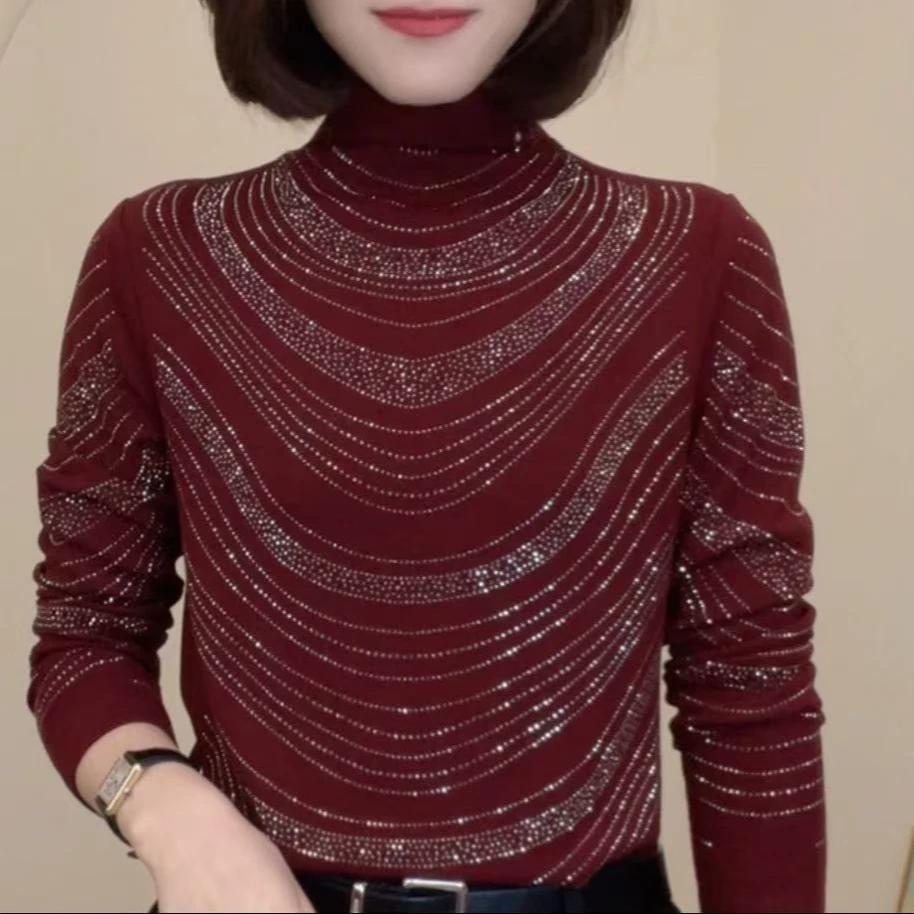 冬季新款烫钻德绒奥绒显瘦洋气时尚百搭长袖女士上衣简约修身小衫