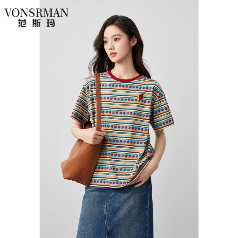 2025新款 多巴胺撞色条纹 卡通刺绣全棉宽松T恤VONSRMAN