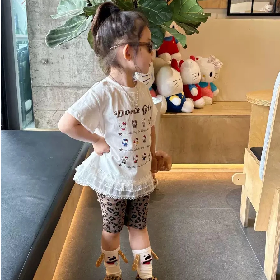 樱桃九九2025夏季韩版kT猫花边短袖套装