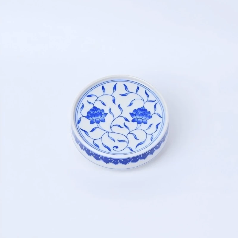 【景德詺兮】缠枝莲圆饼盖置MX1177蓝色陶瓷