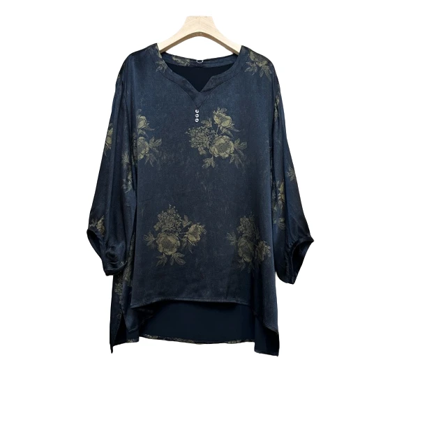 原创设计时尚大码女装桑蚕丝植物花卉夏季衬衫6959