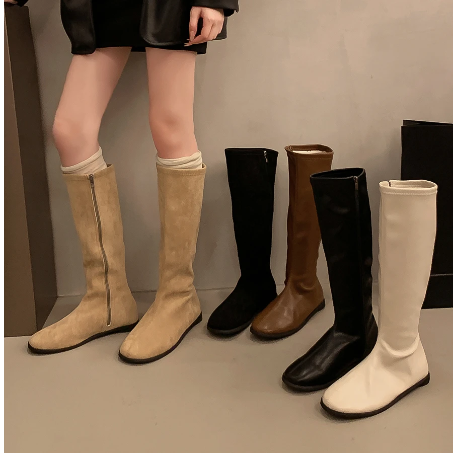 韩版百搭平底圆头高筒长靴女不过膝单靴美拉德白色瘦瘦长筒骑士靴