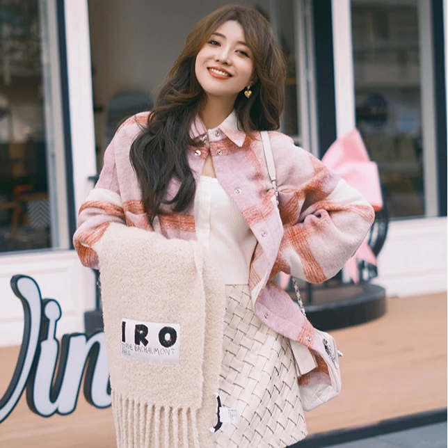 IRO NIGHT【贺聪同款】粉色格子大衣衬衫外套法式春季女装