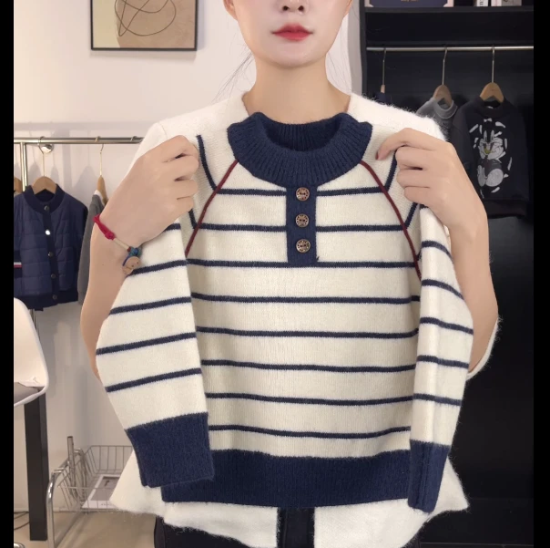 【加绒加厚】儿童针织衫厚款网红毛衣风格宽松针织衫秋冬撞色条纹