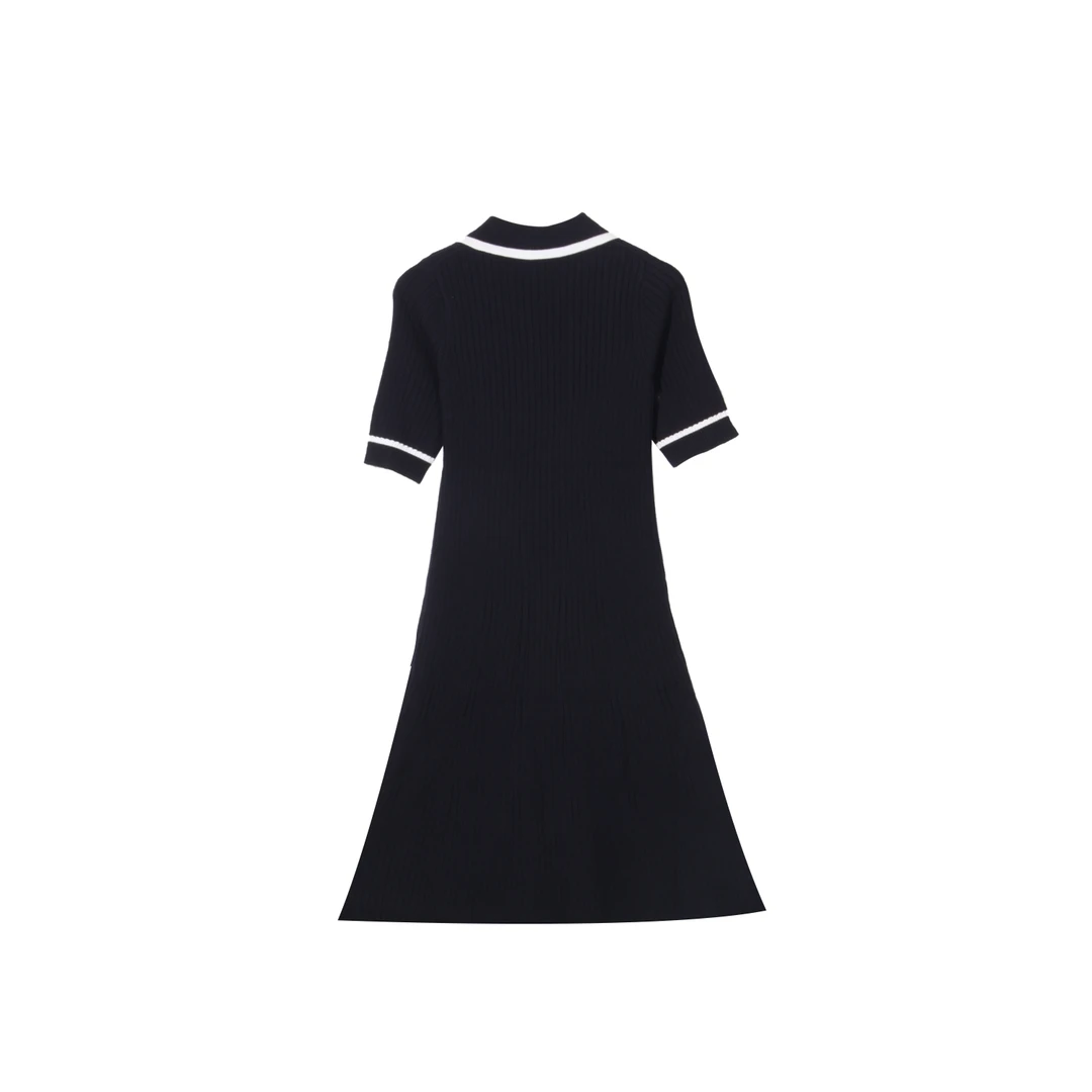 1673#修身竖坑条翻领刺绣优雅学院风设计感短袖连衣裙