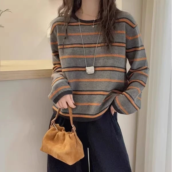韩系慵懒风软糯条纹针织衫女2025秋冬新款宽松显瘦超好看百搭上衣