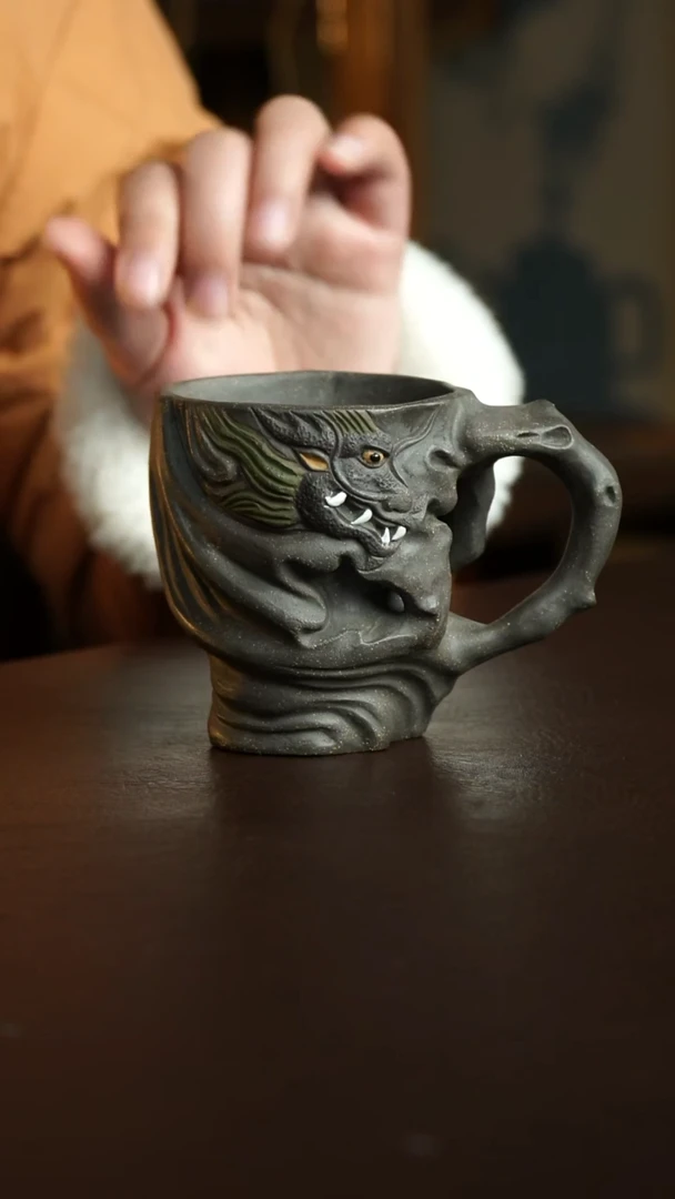 茶杯紫砂72号 太湖石龙头把杯 宜兴紫砂原矿作品