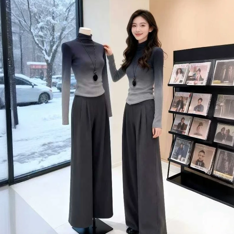 2025秋冬季新款小众设计感渐变灰修身针织衫休闲阔腿裤显瘦套装女