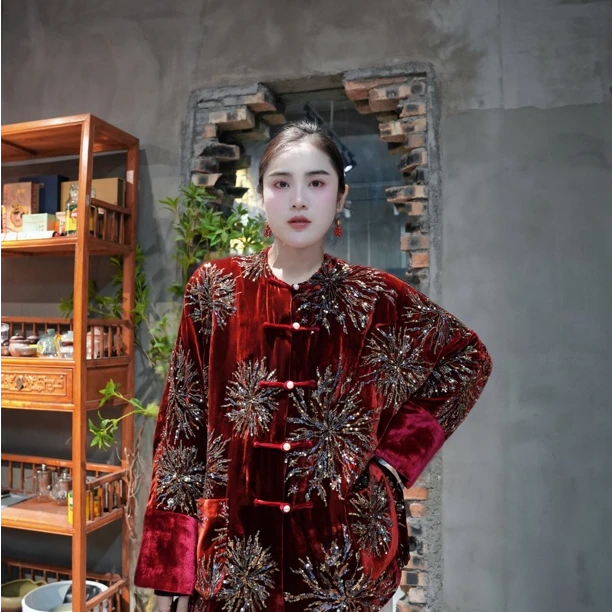 花汀堂·新款重工真丝丝绒钉珠刺绣新中式上衣·定制款