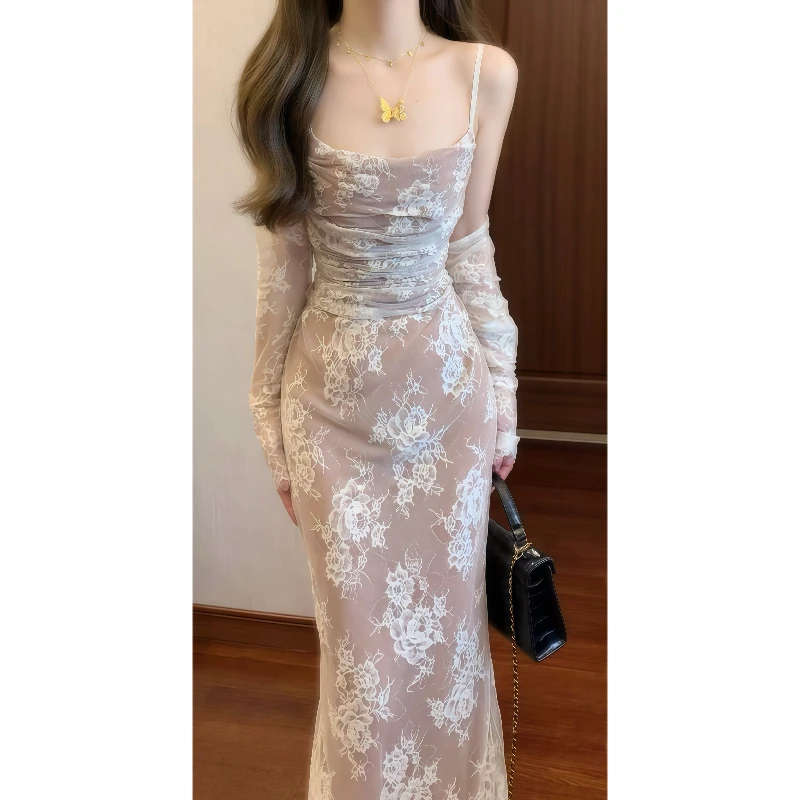 法式设计感蕾丝吊带连衣裙收腰气质鱼尾礼服长裙&防晒开衫9591