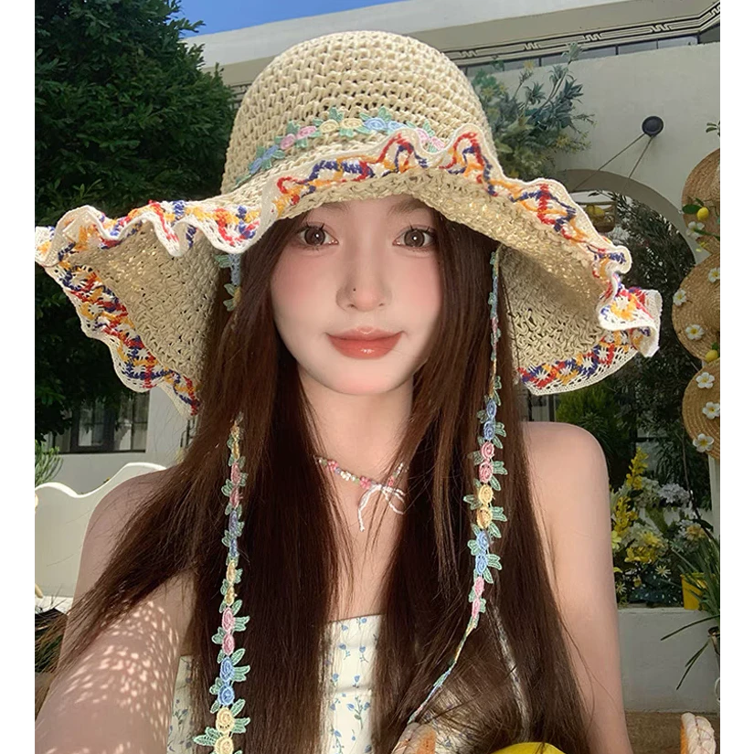 民族风大帽檐草帽女夏海边度假沙滩帽子遮阳防晒渔夫帽草编太阳帽