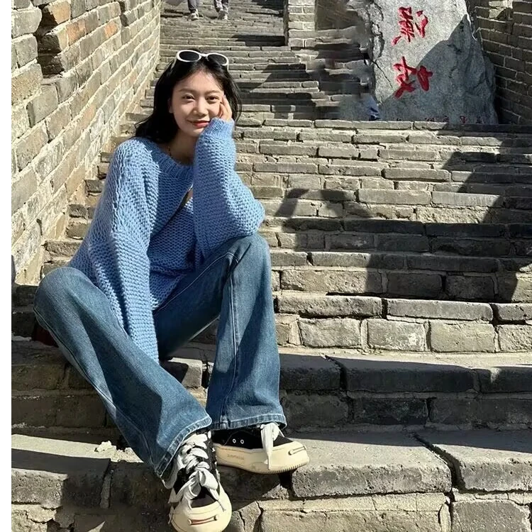 纯色长袖圆领针织衫2025春装新款慵懒风宽松毛衣中长款上衣棉线