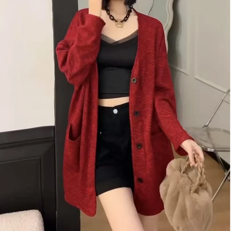 2025春季新款宽松红色开衫简约百搭慵懒风女士外套26031