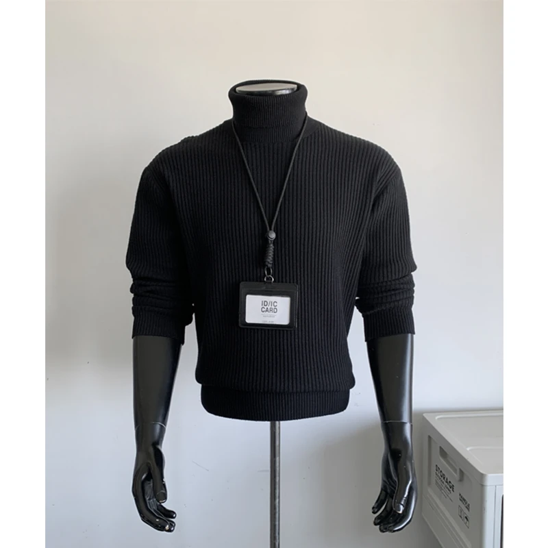 老钱风高领坑条纹毛衣男生长袖秋冬季新款百搭廓形加厚针织打底衫