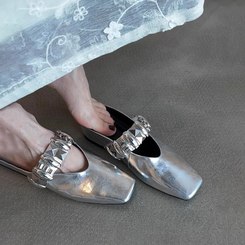 甜酷英伦风单鞋女方头一脚蹬外穿包头半拖鞋2025新款内增高穆勒鞋