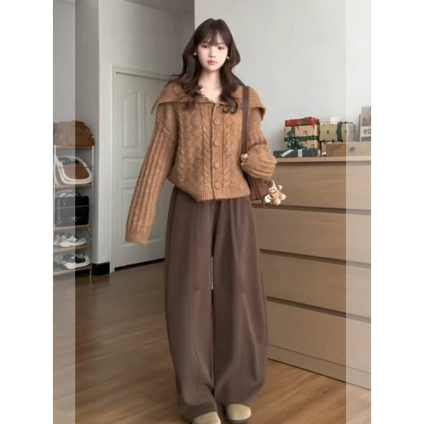 慵懒风复古翻领长袖毛衣外套女秋季软糯宽松针织开衫休闲裤两件套