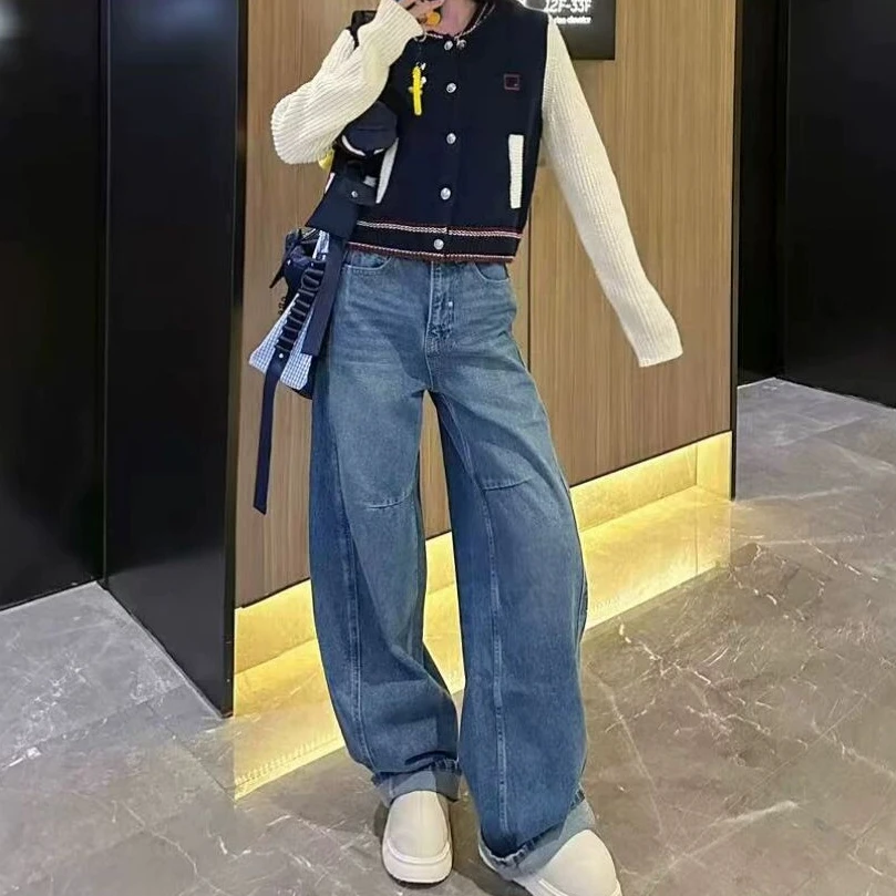 深蓝色阔腿牛仔裤女欧货2025春秋高腰立体大口袋显瘦港风直筒长裤