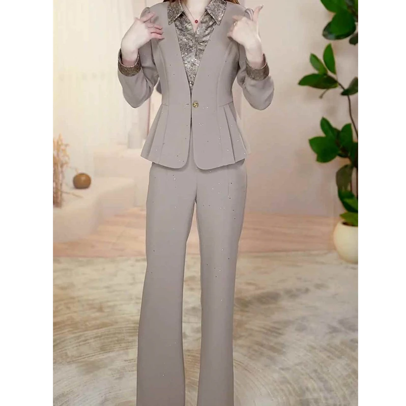 W8001高端时尚气质拼接套装2025秋季新款修身显瘦阔腿裤两件套