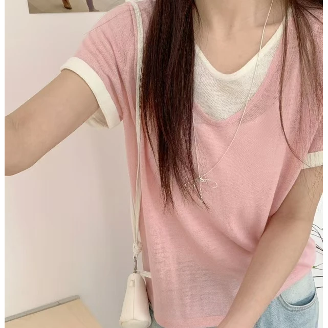 【夏.亚麻】圆领短袖假两件亚麻针织T恤衫女夏天透气凉快