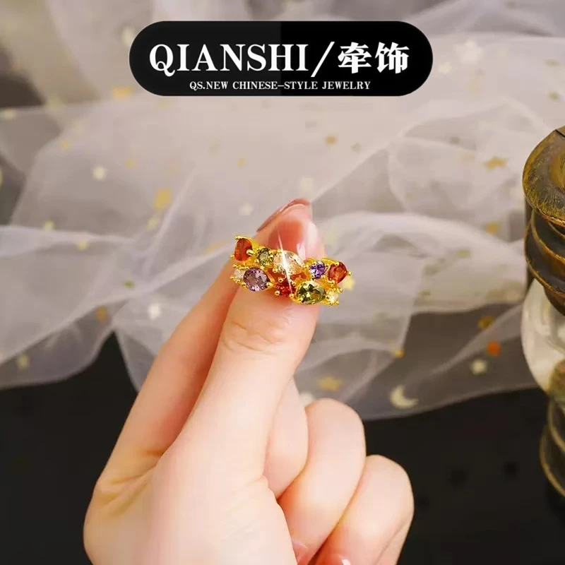 铜合金戒指 彩色两排水滴开口戒指