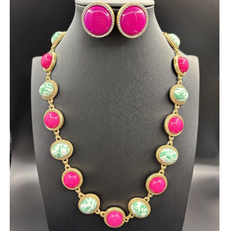 铜合金项链 复古优雅粉石绿色项链复古vintage圆形中古项链毛衣链