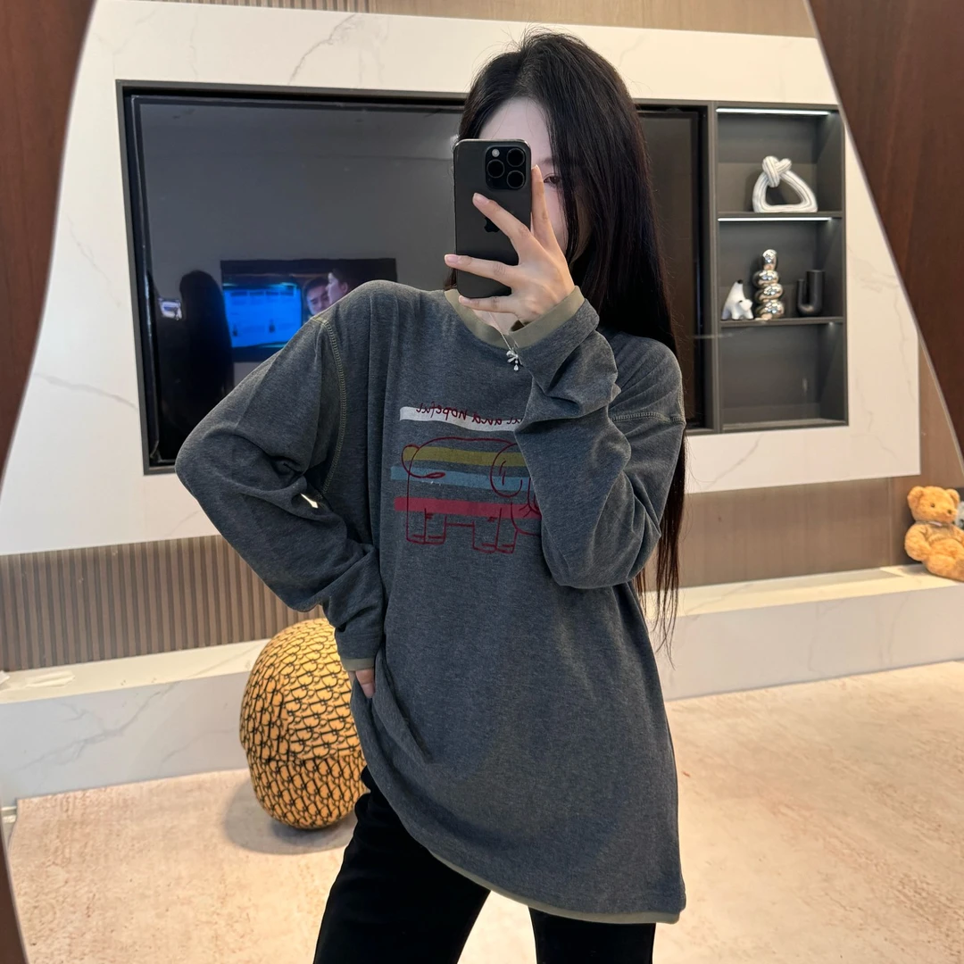 宿慕SUMU韩版时尚刺绣小象打底衫女2025新款圆领上衣长袖T恤1625